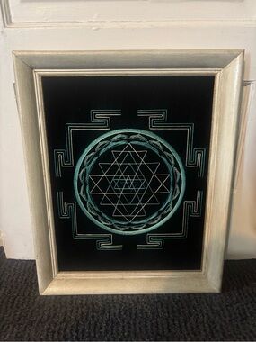 Vintage Sri Yantra Black Velvet String Art Framed Picture